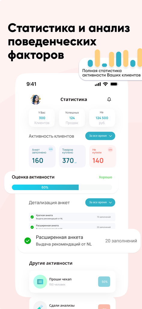Un tableau de bord d'application mobile pour les spécialistes de la santé montrant les statistiques d'activité des clients et l'analyse comportementale.