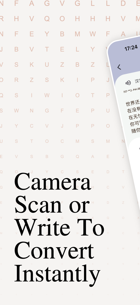 Chinese To Pinyin - Un - App screen showing camera scan and handwriting features for instant Chinese character conversion