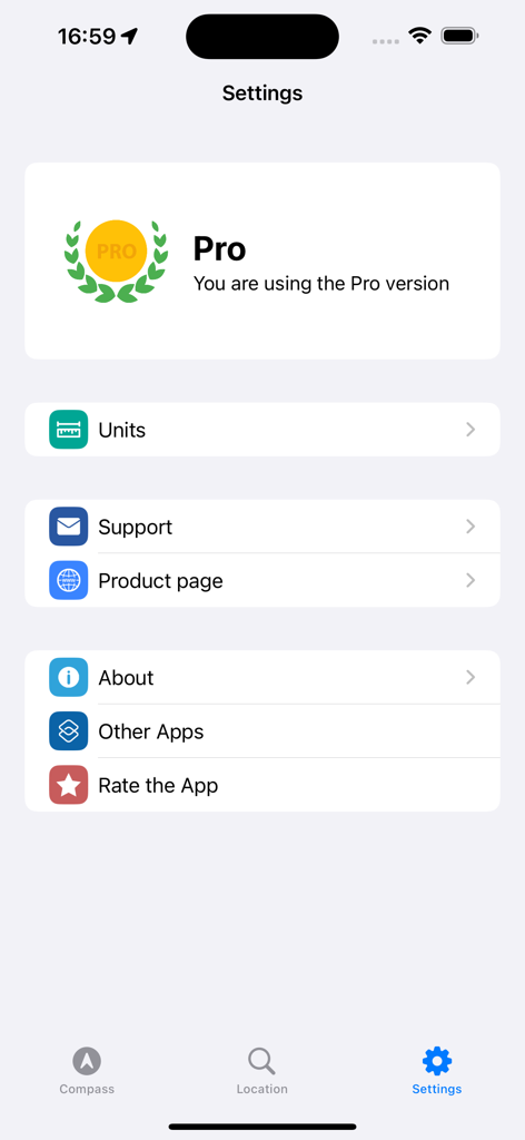 Compass Pro - Aircraft - Settings screen of the Compass Pro Aircraft app showing Pro status and measurement units options