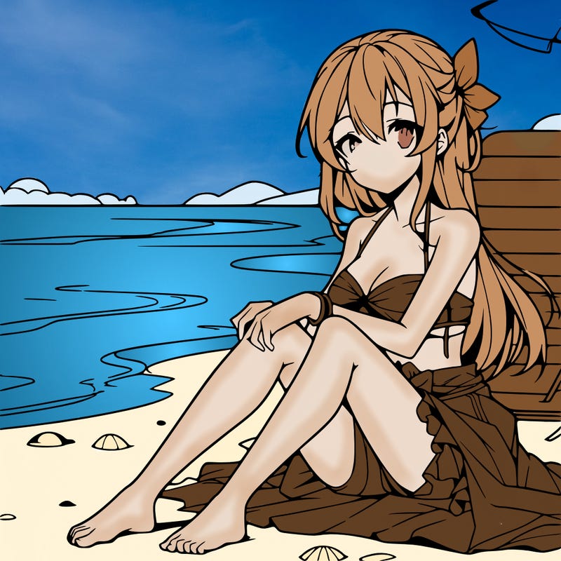 anime female sitting on the beach