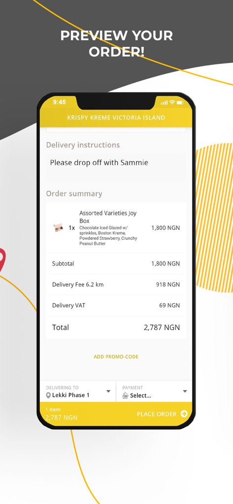 OyaNow app screenshot showing a food order summary for Krispy Kreme delivery in Nigeria including price and address