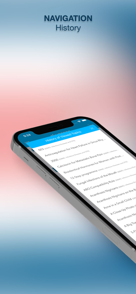 Evidence Based Medicine Guide - Mobile app screen showing the history of viewed clinical topics for quick navigation