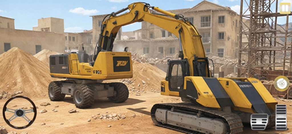 Construction city Excavator 3d - Two yellow excavators on a construction site with driving controls in a 3D simulator game