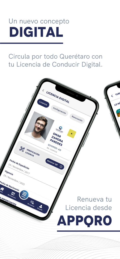 Interfaz de licencia de conducir digital en la aplicación móvil APP QRO para el Estado de Querétaro