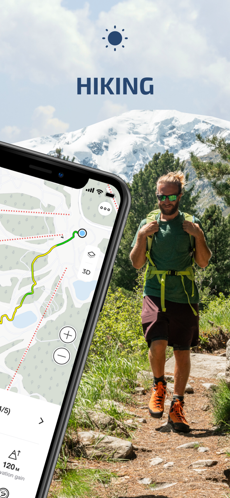 Skill: Ski, MTB, Hike Tracker - A hiker on a mountain trail next to a smartphone displaying a GPS hiking map and elevation stats