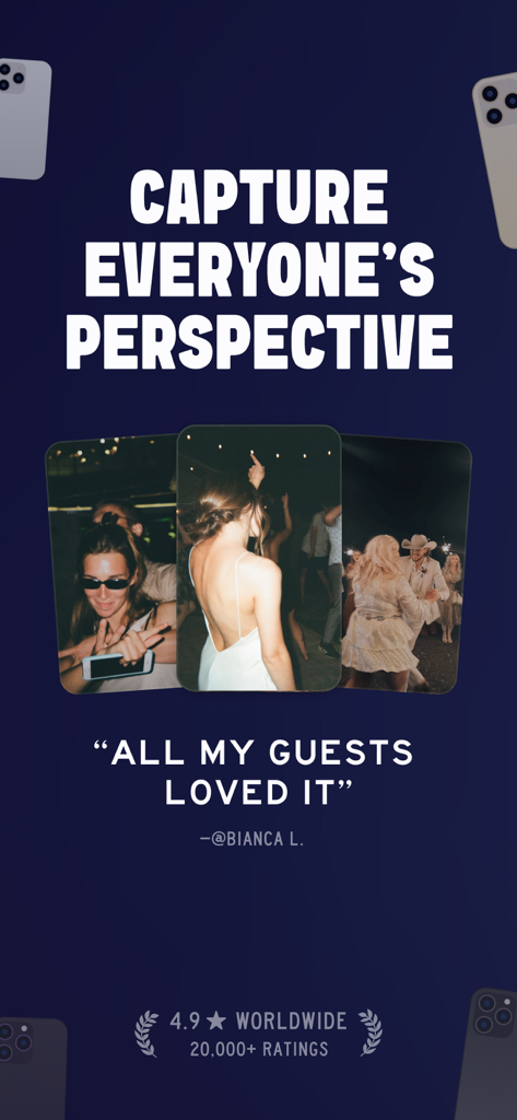 App screenshot with three photos from an event showing guests and the text Capture Everyones Perspective with a user testimonial