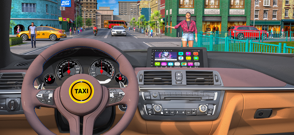 Russian Taxi Driving Simulator - Vista en primera persona desde el interior de un taxi mostrando el salpicadero y un pasajero esperando en una calle de la ciudad.