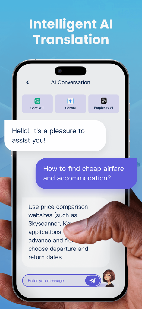 Translate Ease - Pantalla de iPhone que muestra la función de conversación de traducción de IA inteligente dentro de la aplicación Translate Ease