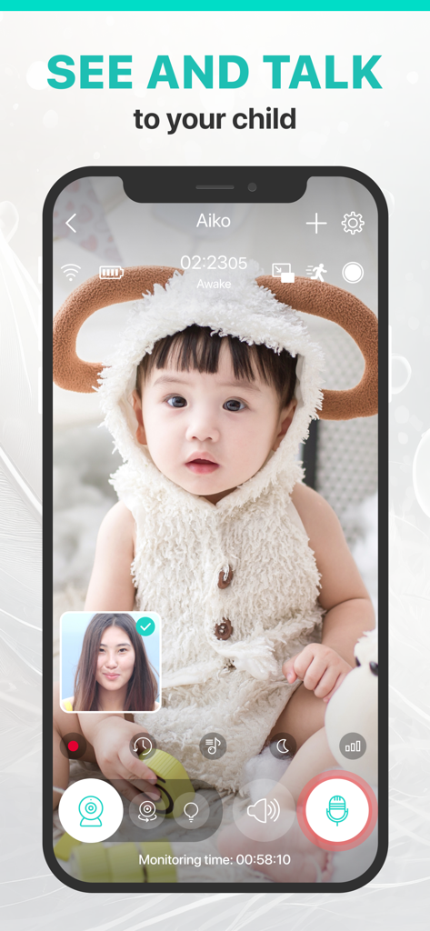 Annie Baby Monitor: Nanny Cam - Pantalla de smartphone que muestra la aplicación Annie Baby Monitor con comunicación de vídeo y audio bidireccional