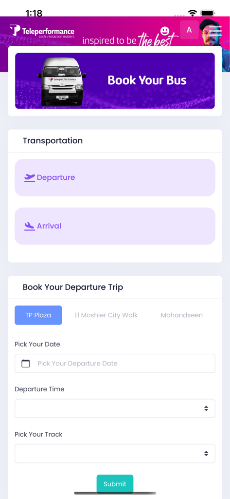 TP Society - Interface of the TP Society app for booking company transportation