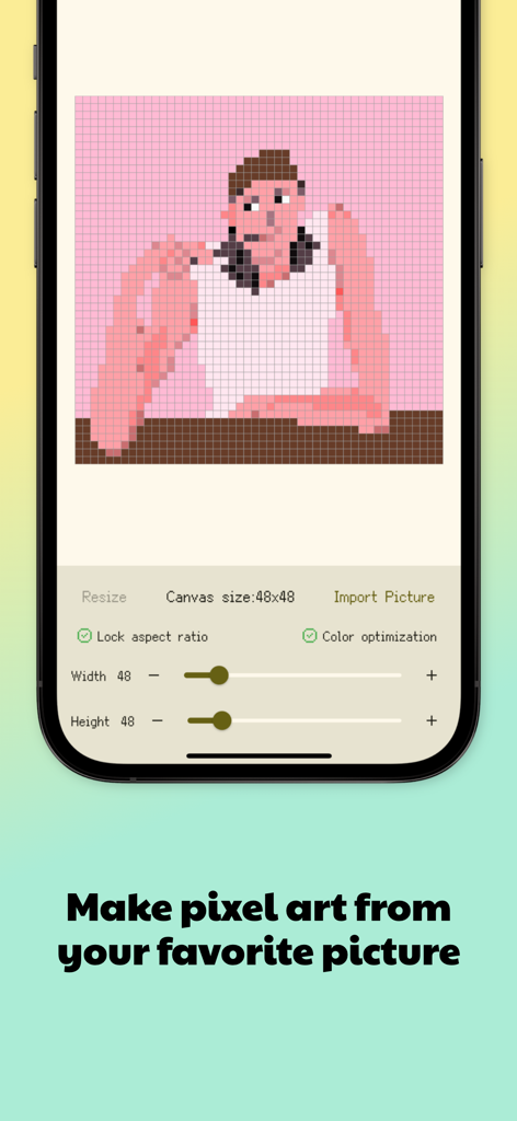 Dot Lab - Perler beads pattern - Interface of Dot Lab app showing a photo of a person converted into a 48 by 48 pixel art grid pattern