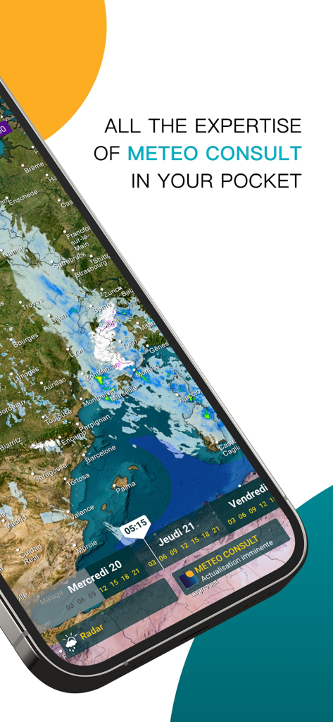 METEO CONSULT - App mobile METEO CONSULT che mostra una mappa interattiva del radar meteorologico su uno smartphone