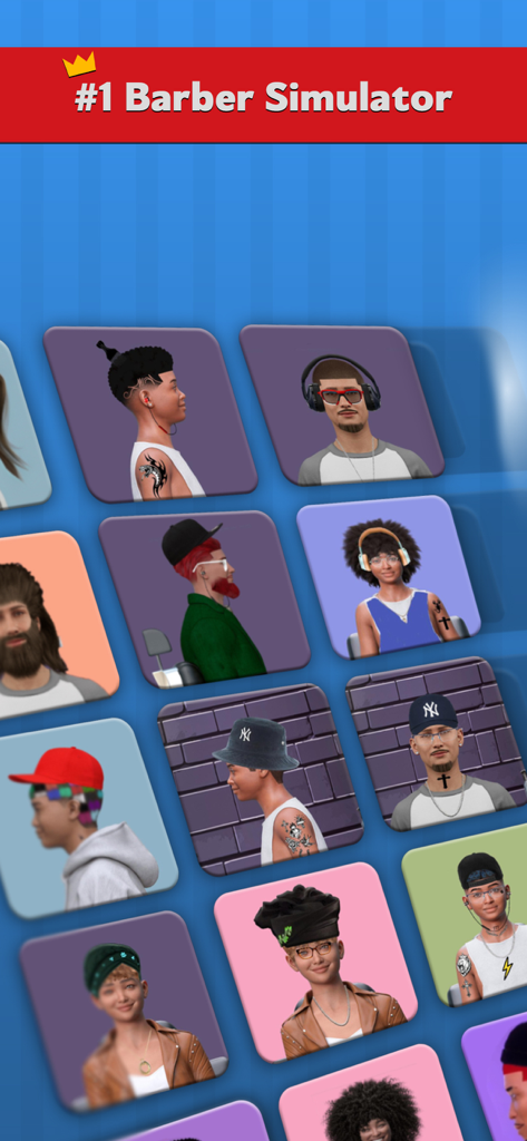 Barber Chop 2 - A grid showcasing various diverse characters with unique hairstyles and accessories in the Barber Chop 2 simulator app