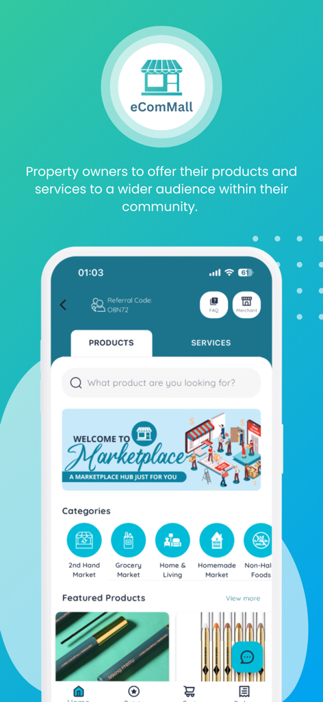 eCommunity - A mobile interface for the eComMall marketplace feature within the eCommunity app, showing product categories like 2nd Hand Market and Grocery Market for property owners.