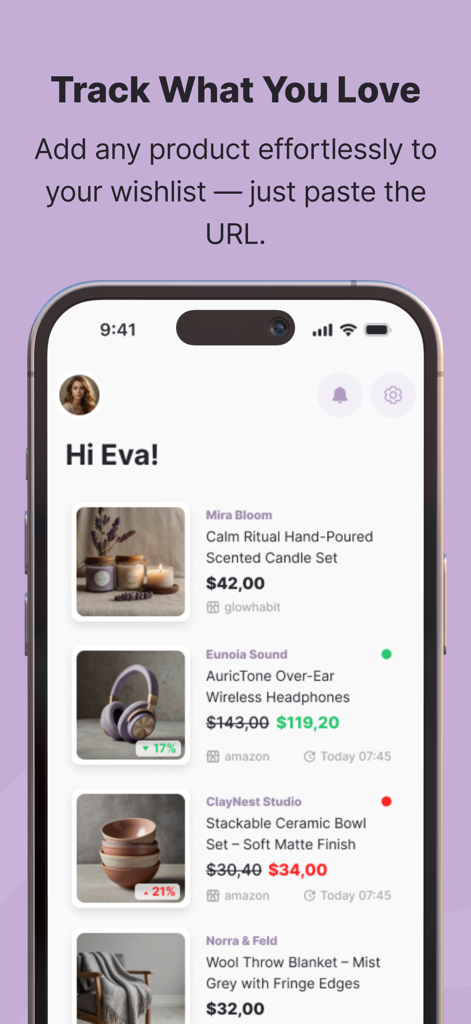 Whisprice app screen showing a clean wishlist with tracked products and price drops