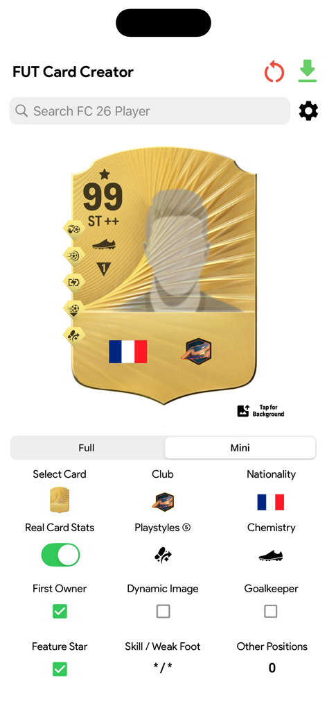 Interface de l'application mobile UT 26 Card Creator montrant une carte de joueur de football dorée personnalisable avec des options d'édition