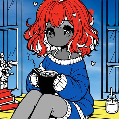 cute anime girl reading book and drinking hot chocolate from mug with loose wavy hair wearing a baggy sweatshirt and shorts sitting by windowsill looking out