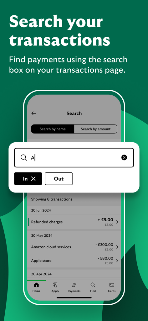 Interface do aplicativo Lloyds Business Banking mostrando o recurso de pesquisa de transações com filtros para receitas e despesas.