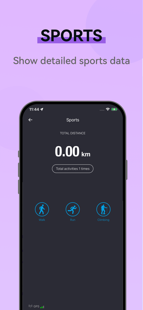 NoiseFit Focus - Pantalla deportiva de la aplicación NoiseFit Focus que muestra la distancia total e iconos de actividad para caminar, correr y escalar
