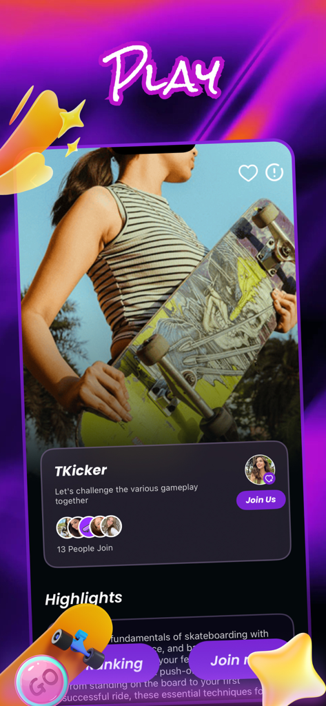 Deckk - Connect, Fun, Chat - Interface of the Deckk app featuring a skateboarder and a button to join a gameplay challenge