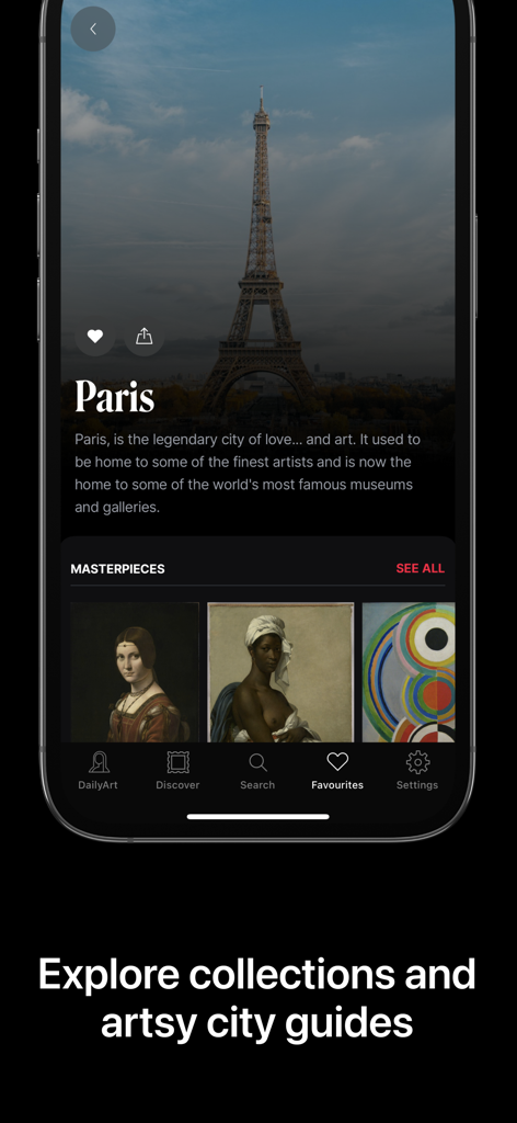 DailyArt - A screenshot of the DailyArt app showing the Paris city guide and curated masterpieces.