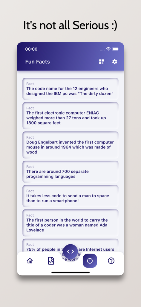 Tela de curiosidades de programação e ciência da computação no aplicativo JavaScript Compiler