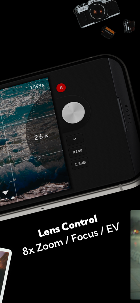 FILCA app interface displaying manual lens controls for zoom and focus with a vintage SLR aesthetic.