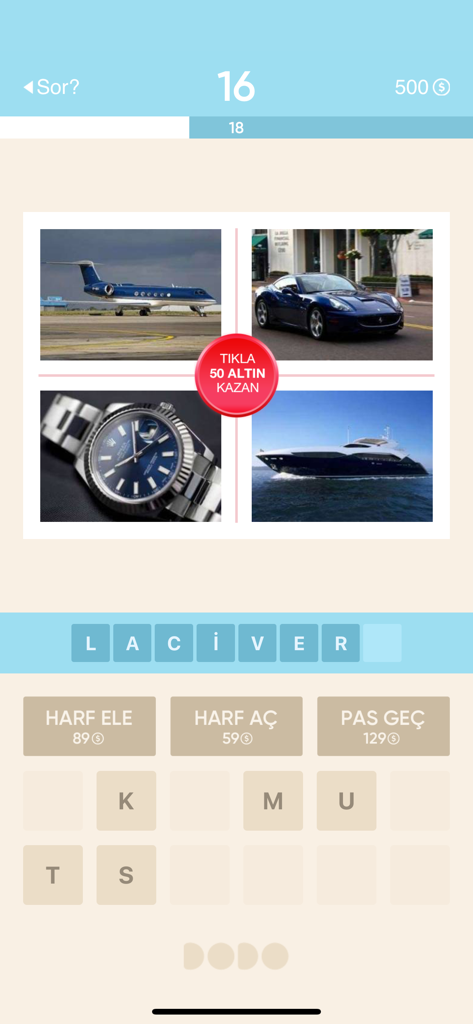 Resimli Kelime Bulmaca - Word puzzle game interface with four photos of navy blue luxury items and letter tiles