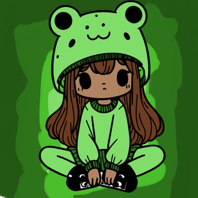 a girl wearing a frog hat and some frog socks