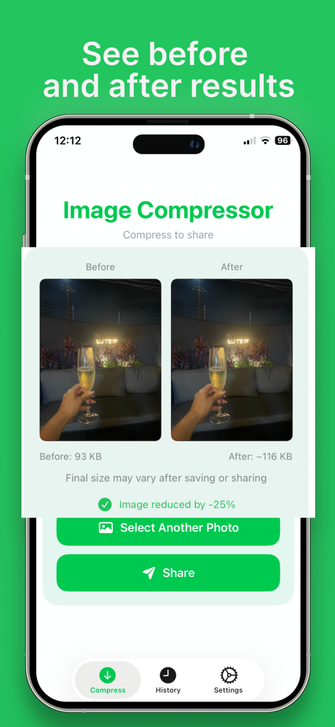 Image Compressor: Pro - iPhone screen showing a before and after photo compression result with a twenty five percent size reduction