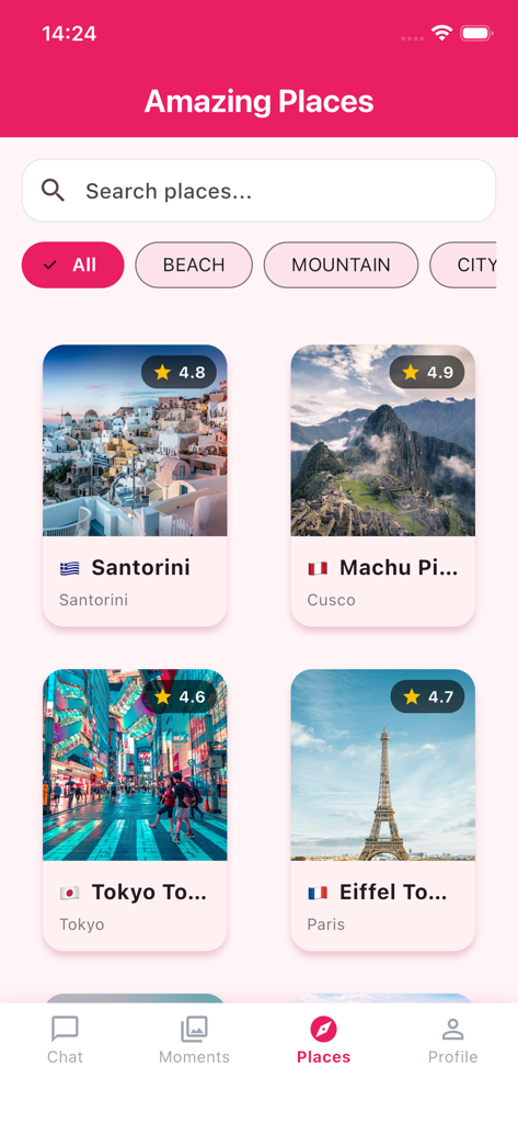 Quin - Chat & Community - Interfaz de la aplicación móvil Quin que muestra la pantalla de descubrimiento de lugares increíbles con una barra de búsqueda y tarjetas de destinos de viaje.