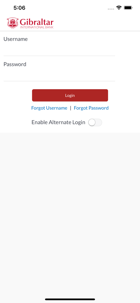 Login screen of the Gibraltar International Bank mobile app showing username and password fields.