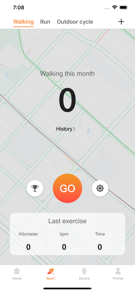 Interfaz de seguimiento de caminatas de la aplicación DekeFit con mapa y botón de inicio