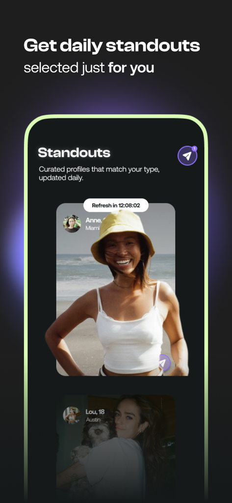 Interface de l'application de rencontres Feels montrant la section 'Standouts' avec des profils et des photos d'utilisateurs sélectionnés.