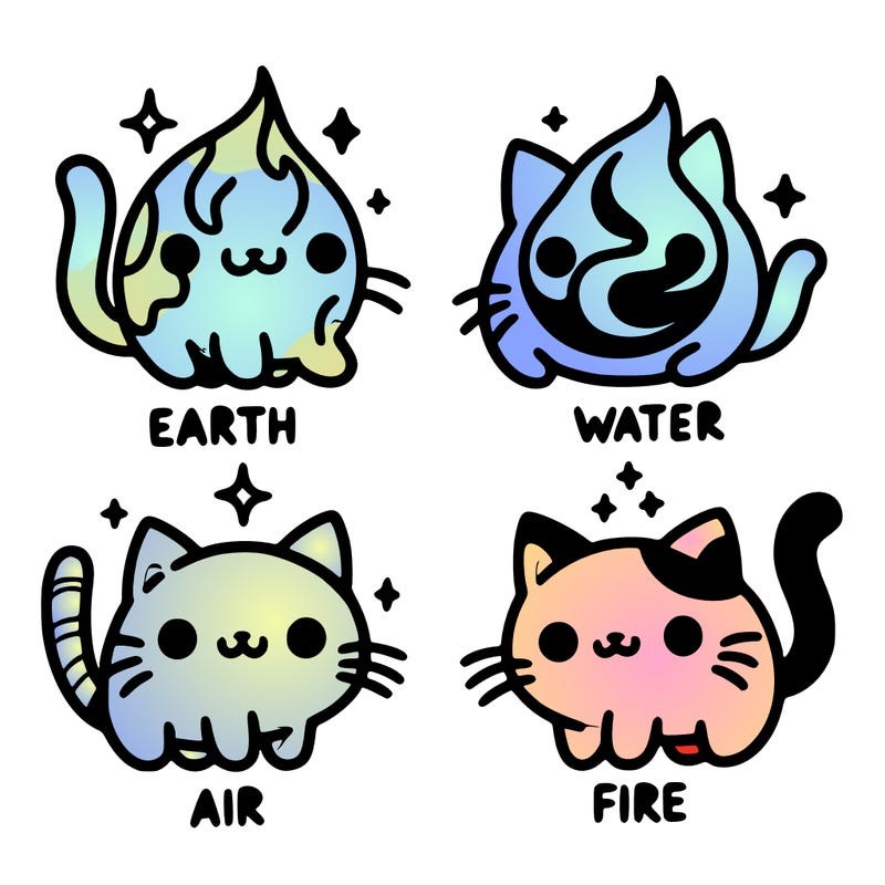 4 cats that represent the different elements, earth, water, air, and fire