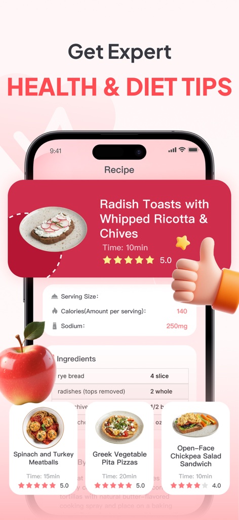 Healthy heart-friendly recipes and diet tips shown on the Blood Pressure Health Monitor app interface.