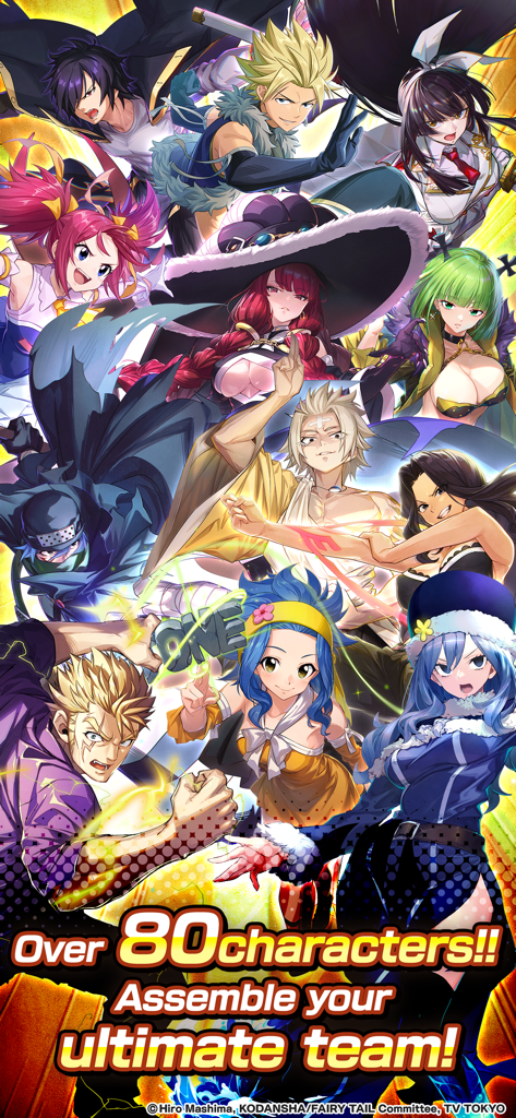 Illustrazione promozionale per Fairy Tail Wizard Chronicle che mostra vari personaggi anime e il testo Oltre 80 personaggi. Assembla la tua squadra definitiva.