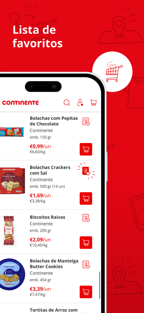 Continente Online mobile app interface showing a list of favorite products including cookies and crackers with pricing.
