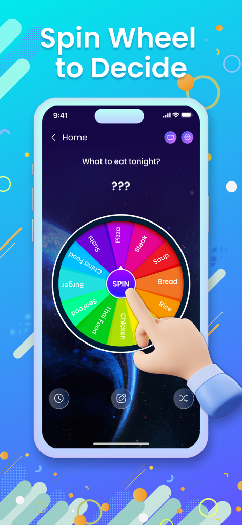 Une roue de décision numérique colorée utilisée pour choisir aléatoirement des options de dîner comme la pizza et les sushis