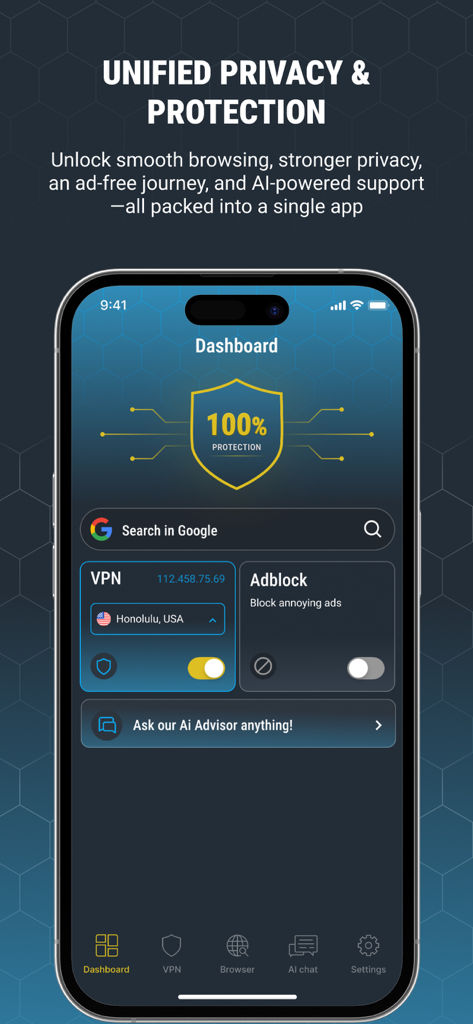 SilverSecure AI Browser - SilverSecure AI Browser dashboard displaying VPN, adblock, and AI assistant features for unified privacy protection.