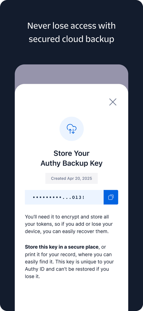 Twilio Authy app screen showing the secure cloud backup key for account recovery