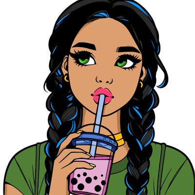 realistic girl with braided hair drinking boba
