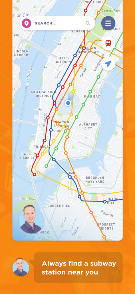 Offline subway map of New York City showing colored transit lines and stations within the app interface