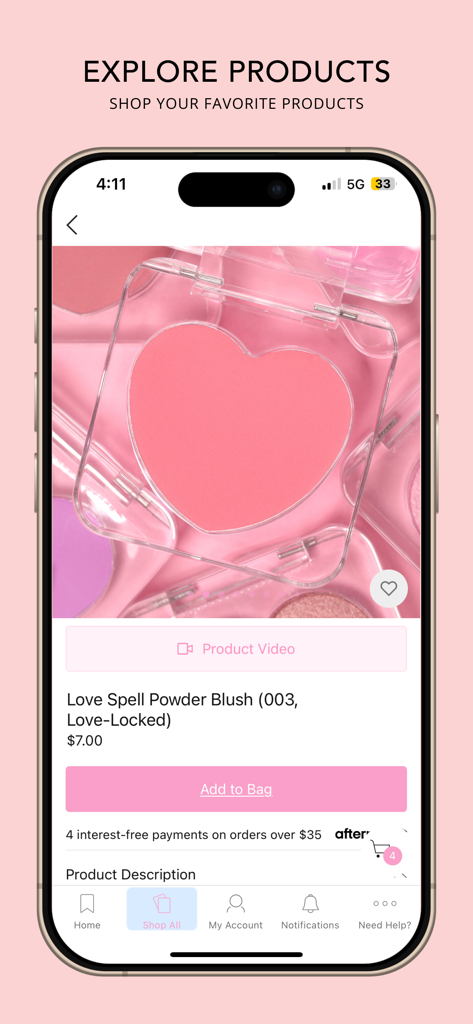 Moira Cosmetics - Ein herzförmiges pinkes Puderrouge auf der Produktseite der Moira Cosmetics App