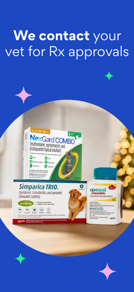 Chewy - Pet Care & Pharmacy - Schermata dell'app Chewy che spiega il servizio di approvazione delle prescrizioni per animali con un veterinario.