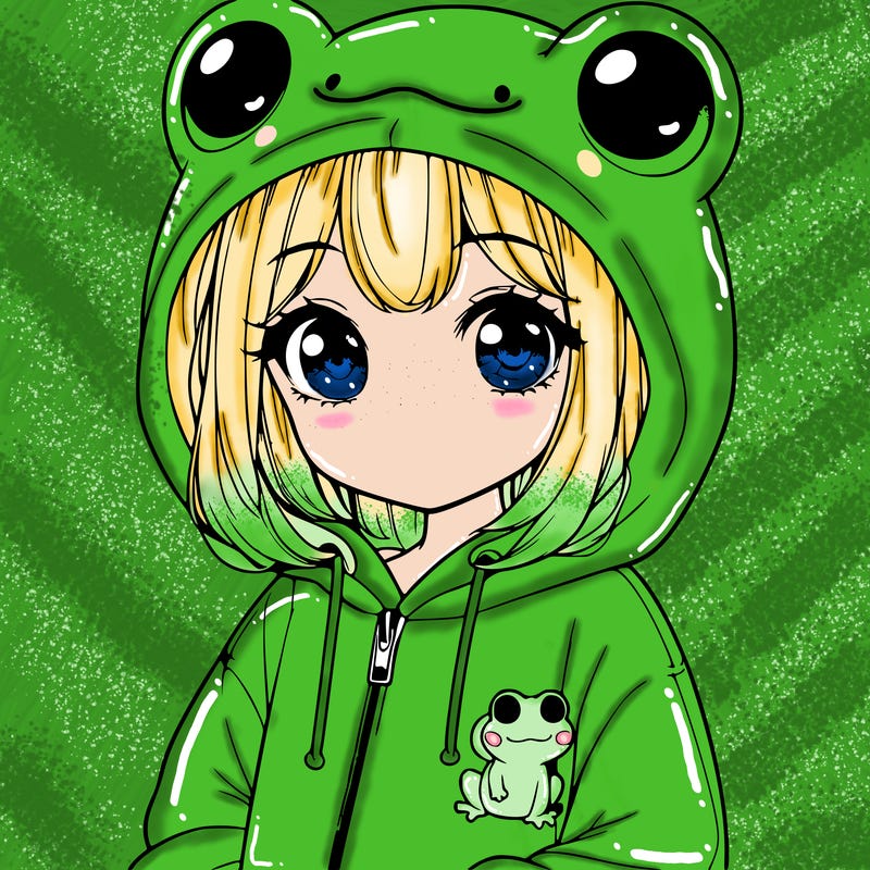 cute realistic girl in a froggy hoodie