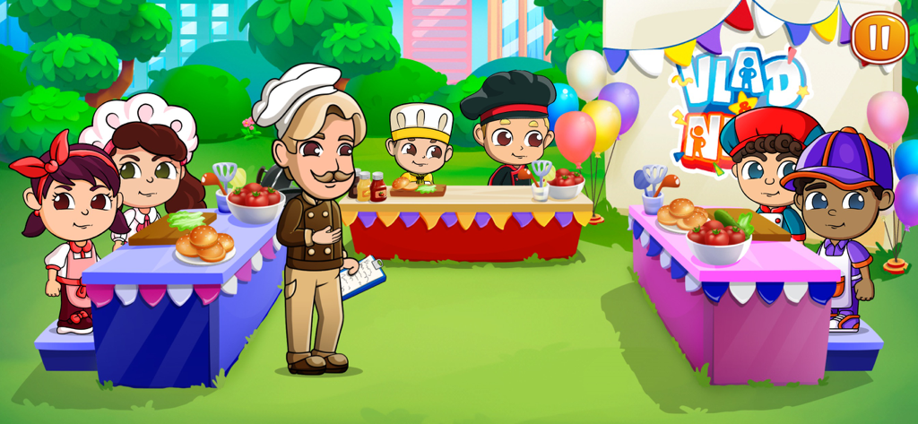 Vlad and Niki cartoon characters running outdoor food stalls in a colorful park setting