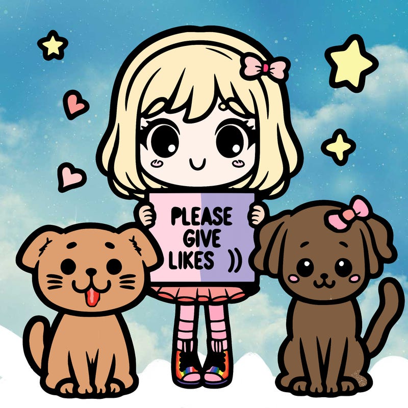 cute girl with cat ans dog holding a sighn "please give likes :)"