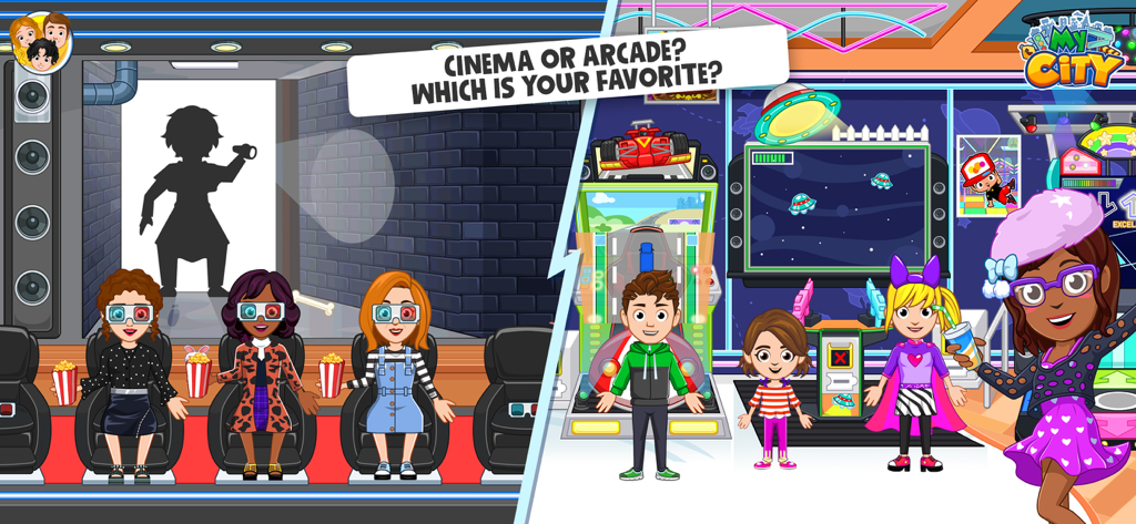 My City: Shopping Mall Fun - Characters enjoying the cinema and arcade rooms in the My City Shopping Mall Fun app