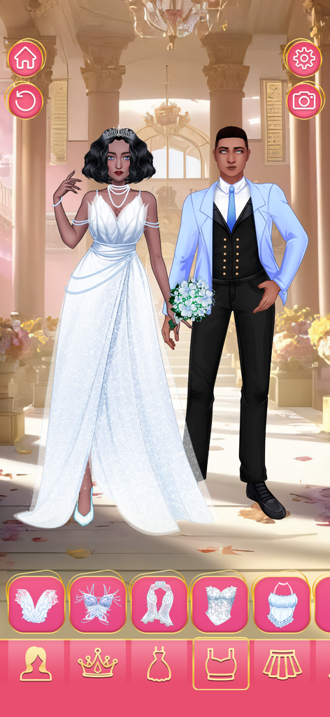 Wedding Games: Bride Dress Up - Una novia y un novio de pie en un salón de bodas con una selección de vestidos y accesorios en la parte inferior de la pantalla.
